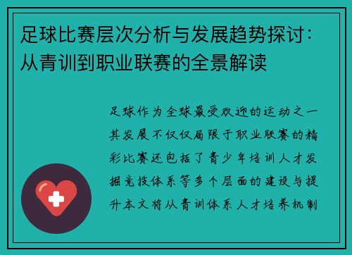 足球比赛层次分析与发展趋势探讨:从青训到职业联赛的全景解读 足球比赛层次分析与发展趋势探讨:从青训到职业联赛的全景解读