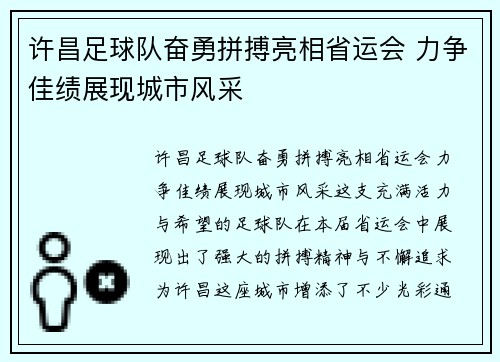 许昌足球队奋勇拼搏亮相省运会 力争佳绩展现城市风采 许昌足球队奋勇拼搏亮相省运会 力争佳绩展现城市风采