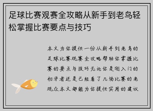 足球比赛观赛全攻略从新手到老鸟轻松掌握比赛要点与技巧 足球比赛观赛全攻略从新手到老鸟轻松掌握比赛要点与技巧