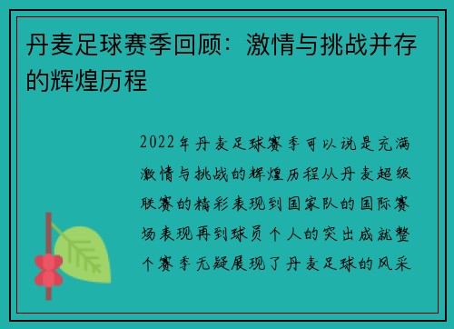 丹麦足球赛季回顾：激情与挑战并存的辉煌历程