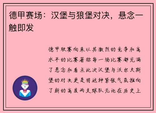 德甲赛场：汉堡与狼堡对决，悬念一触即发