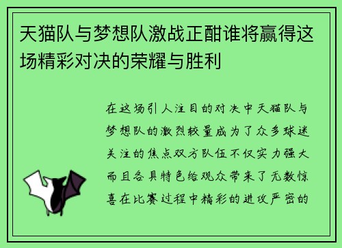天猫队与梦想队激战正酣谁将赢得这场精彩对决的荣耀与胜利
