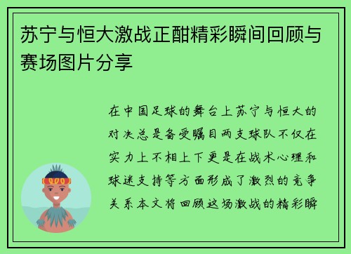苏宁与恒大激战正酣精彩瞬间回顾与赛场图片分享