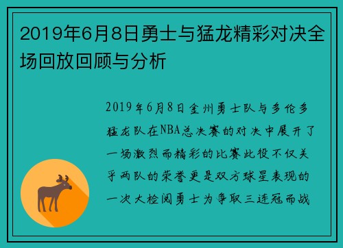 2019年6月8日勇士与猛龙精彩对决全场回放回顾与分析