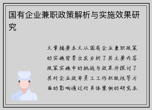 国有企业兼职政策解析与实施效果研究 国有企业兼职政策解析与实施效果研究