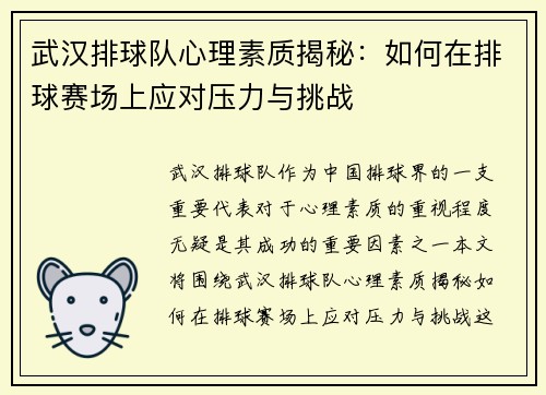 武汉排球队心理素质揭秘：如何在排球赛场上应对压力与挑战